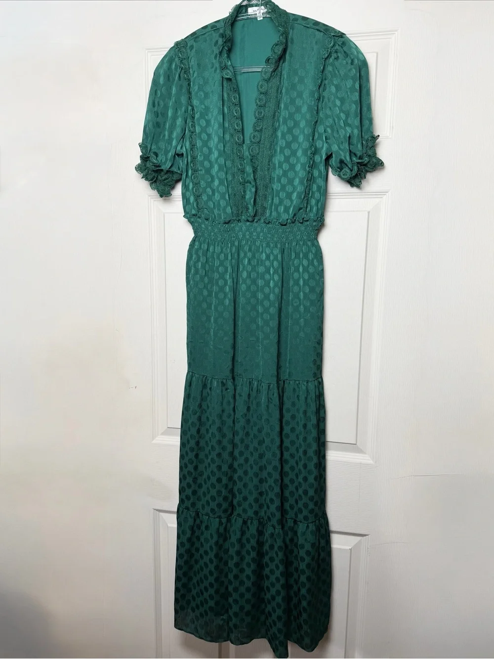Max Studio Emerald Sheer Lace Satin Polka Dot Tiered Maxi Dress Forest Goddess - Picture 1 of 16